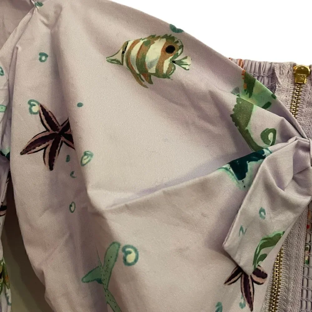 Hill House NWT Isabella Sea Creature Smocked Ballon Sleeve Crop Top Medium - Picture 2 of 8